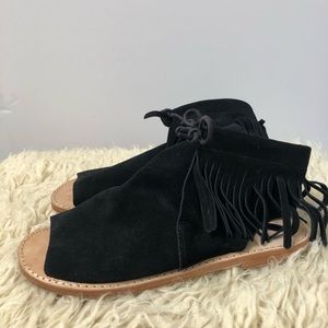 Black Suede Martha Davis Fringe Sandals